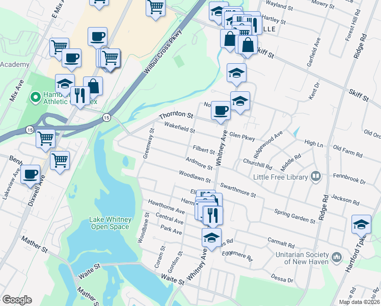 map of restaurants, bars, coffee shops, grocery stores, and more near 49 Ardmore Street in Hamden
