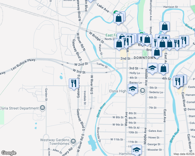 map of restaurants, bars, coffee shops, grocery stores, and more near 564 Sommer Way in Elyria