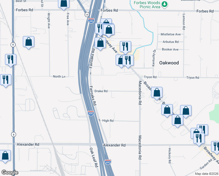 map of restaurants, bars, coffee shops, grocery stores, and more near 22920 Drake Road in Oakwood Village