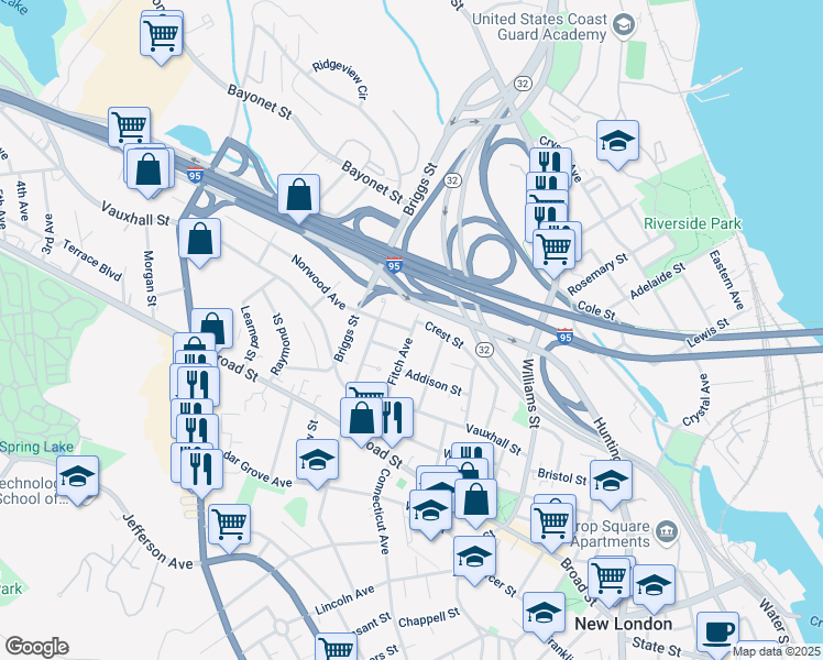map of restaurants, bars, coffee shops, grocery stores, and more near Norwood Avenue & Fitch Avenue in New London