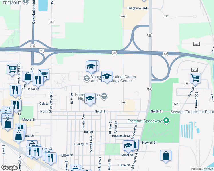 map of restaurants, bars, coffee shops, grocery stores, and more near 1100 North Street in Fremont