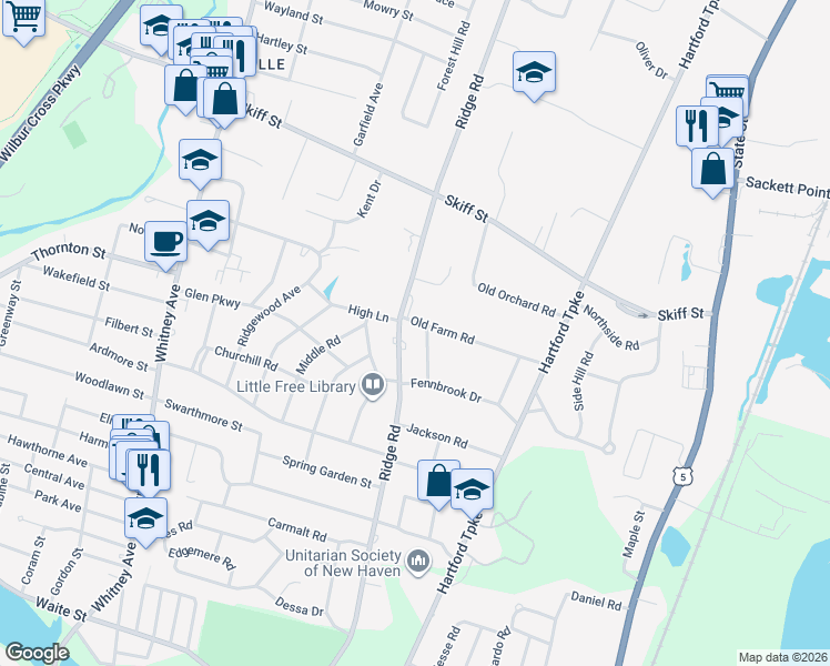 map of restaurants, bars, coffee shops, grocery stores, and more near 45 Old Farm Road in Hamden
