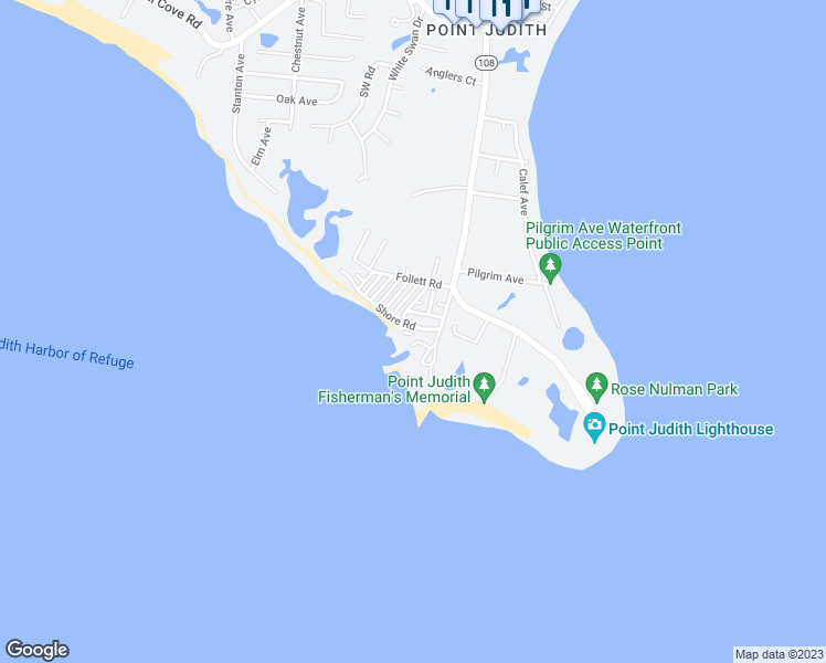 map of restaurants, bars, coffee shops, grocery stores, and more near 14 Shore Road in Narragansett