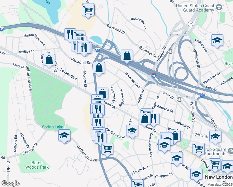 map of restaurants, bars, coffee shops, grocery stores, and more near 25 Learned Street in New London