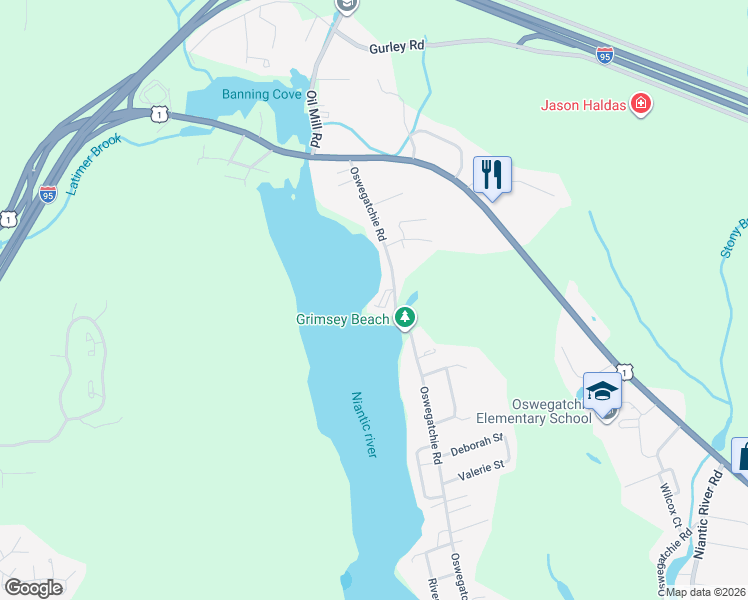 map of restaurants, bars, coffee shops, grocery stores, and more near 41 Oswegatchie Road in Waterford