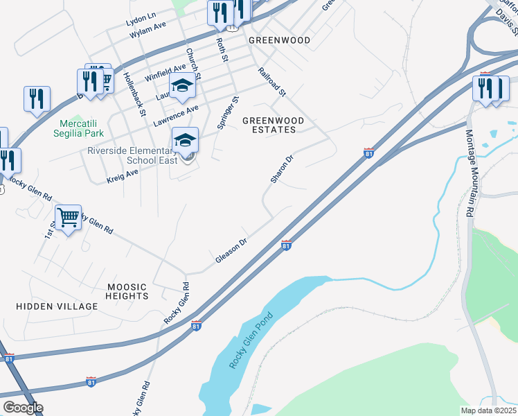 map of restaurants, bars, coffee shops, grocery stores, and more near 44 Sharon Drive in Moosic