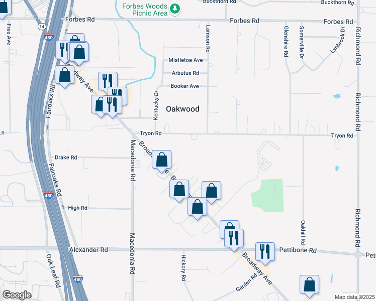 map of restaurants, bars, coffee shops, grocery stores, and more near 24579 Broadway Avenue in Bedford