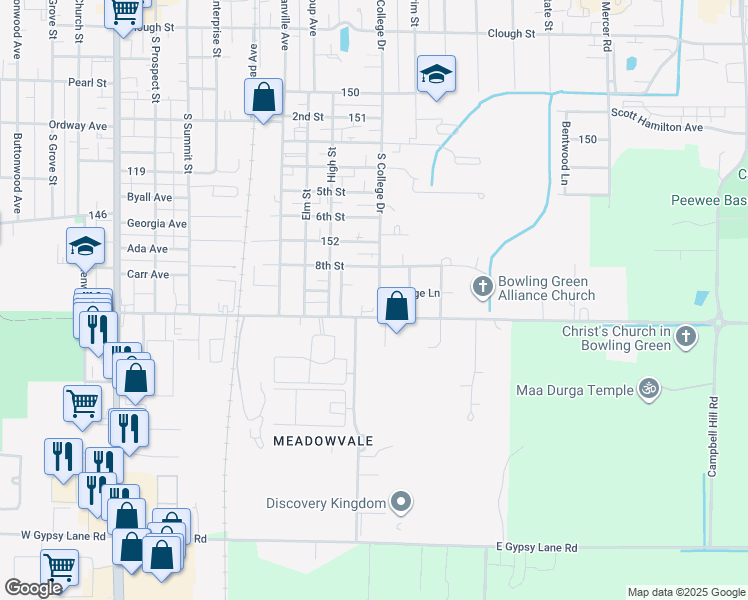 map of restaurants, bars, coffee shops, grocery stores, and more near 780 South College Drive in Bowling Green