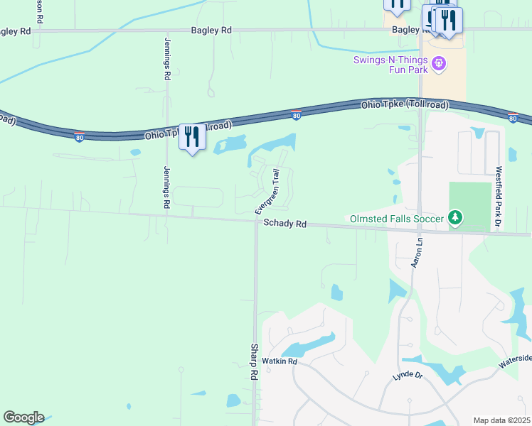 map of restaurants, bars, coffee shops, grocery stores, and more near 8615 Evergreen Trail in Olmsted Falls