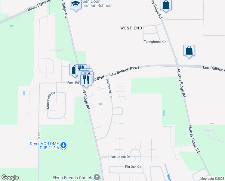 map of restaurants, bars, coffee shops, grocery stores, and more near 229 Brunswick Drive in Elyria