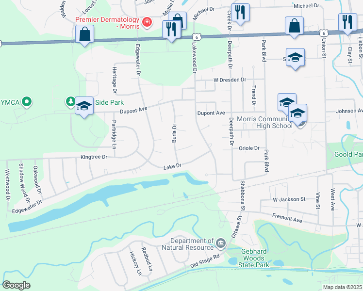 map of restaurants, bars, coffee shops, grocery stores, and more near 1455 Khater Court in Morris