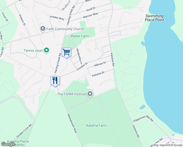 map of restaurants, bars, coffee shops, grocery stores, and more near 20 Katama Drive in Edgartown