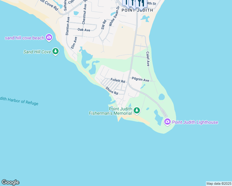 map of restaurants, bars, coffee shops, grocery stores, and more near 14 Shore Road in Narragansett
