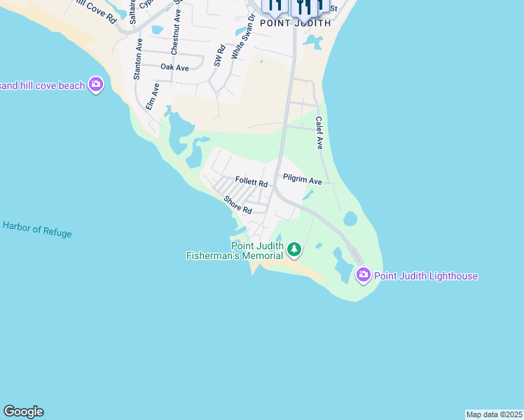 map of restaurants, bars, coffee shops, grocery stores, and more near 1499 Ocean Road in Narragansett