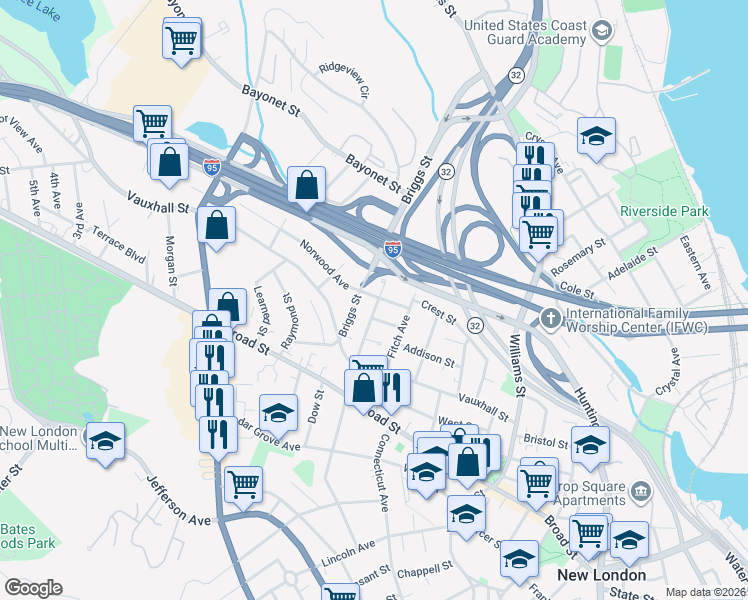 map of restaurants, bars, coffee shops, grocery stores, and more near 230 Ledyard Street in New London