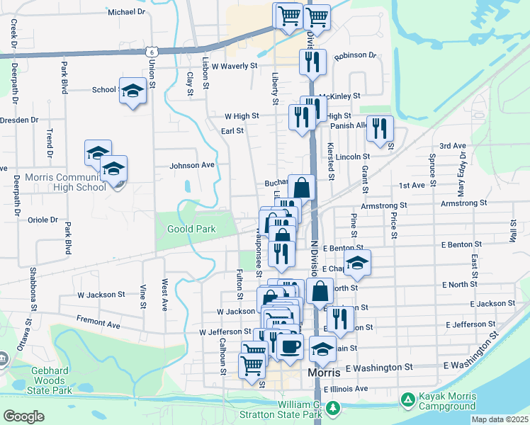 map of restaurants, bars, coffee shops, grocery stores, and more near 923 Wauponsee Street in Morris