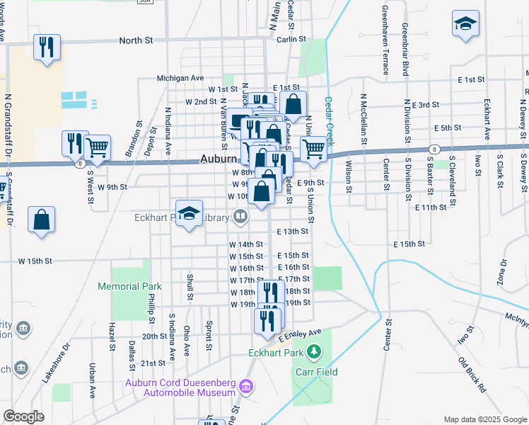map of restaurants, bars, coffee shops, grocery stores, and more near 603 Main Street in Auburn