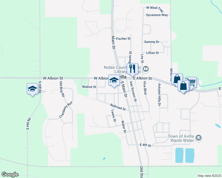 map of restaurants, bars, coffee shops, grocery stores, and more near 200 Washington Street in Avilla