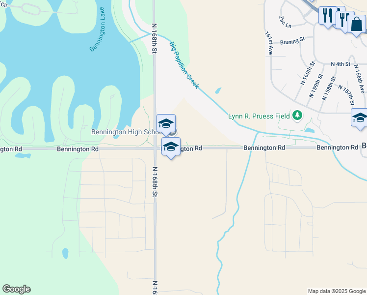 map of restaurants, bars, coffee shops, grocery stores, and more near 16610 Bennington Road in Bennington