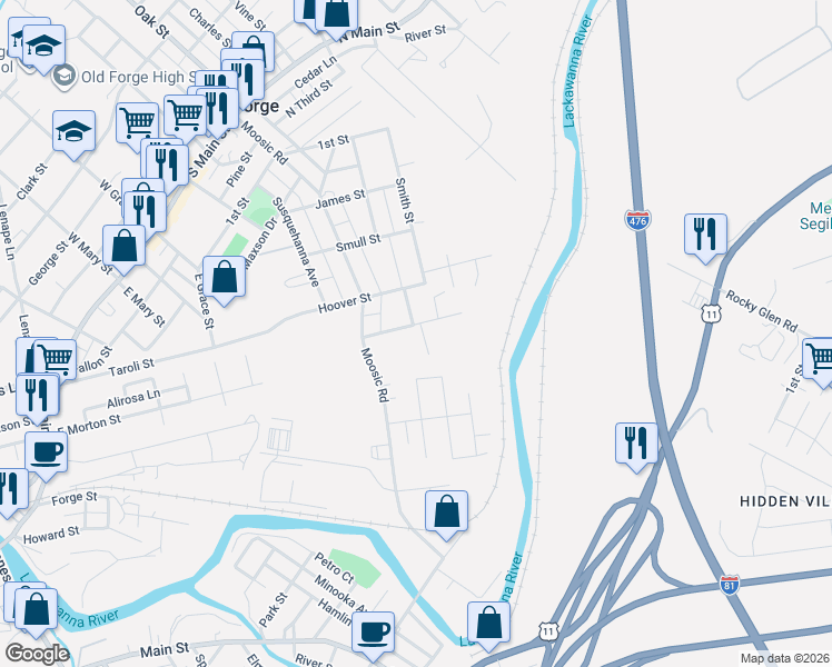 map of restaurants, bars, coffee shops, grocery stores, and more near 205 Madison Street in Old Forge