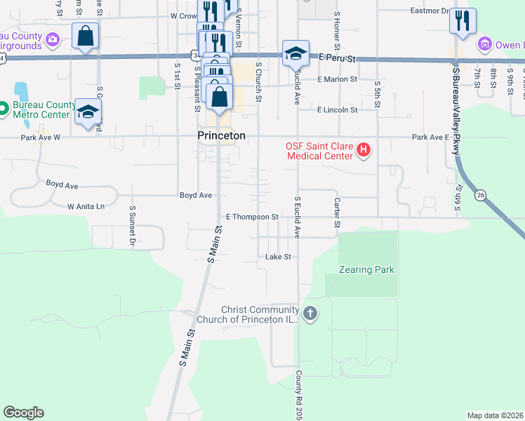 map of restaurants, bars, coffee shops, grocery stores, and more near 1110 South Church Street in Princeton
