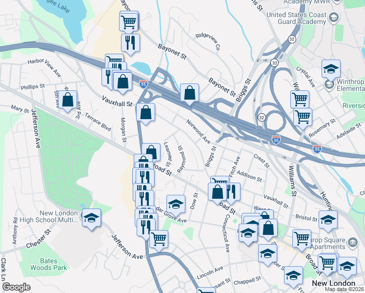 map of restaurants, bars, coffee shops, grocery stores, and more near 39 Raymond Street in New London