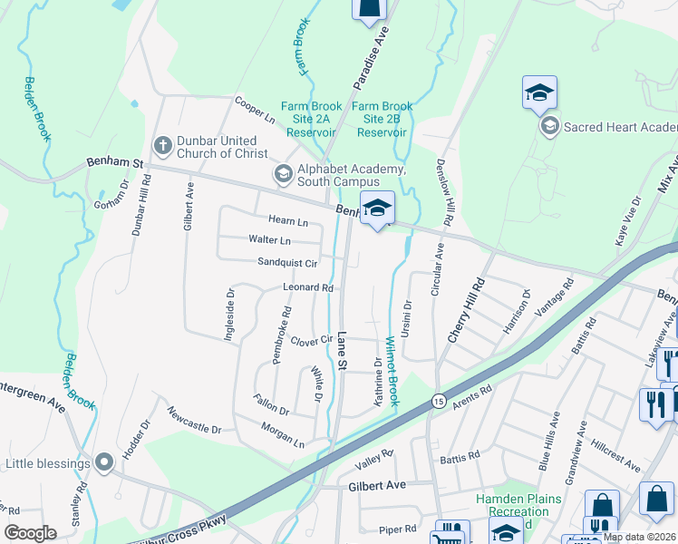 map of restaurants, bars, coffee shops, grocery stores, and more near 24 Leonard Road in Hamden