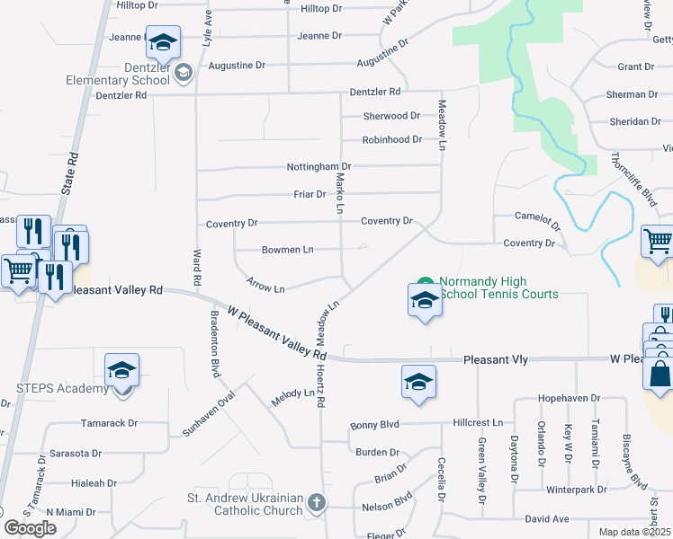 map of restaurants, bars, coffee shops, grocery stores, and more near 2903 Arrow Lane in Parma