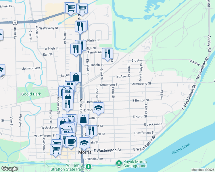 map of restaurants, bars, coffee shops, grocery stores, and more near 620 Douglas Street in Morris