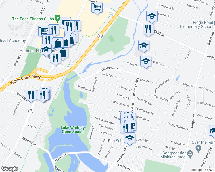 map of restaurants, bars, coffee shops, grocery stores, and more near 124 Ardmore Street in Hamden