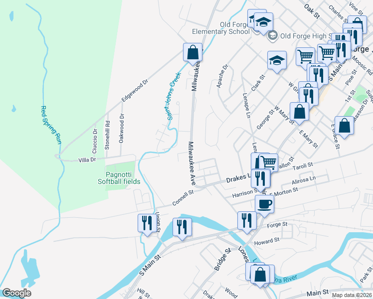 map of restaurants, bars, coffee shops, grocery stores, and more near 604 Milwaukee Avenue in Old Forge