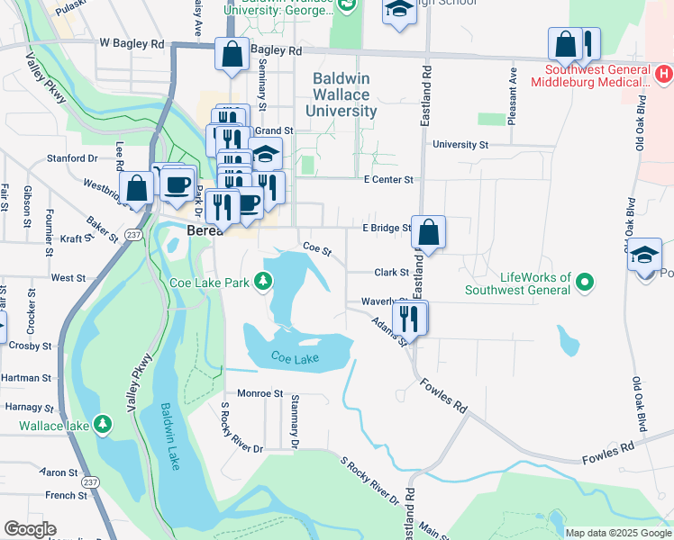 map of restaurants, bars, coffee shops, grocery stores, and more near 168 Coe Street in Berea