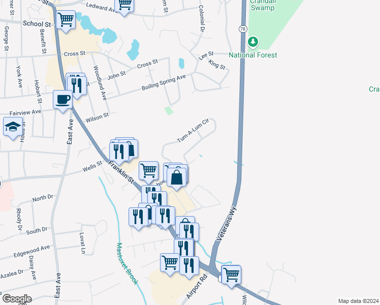 map of restaurants, bars, coffee shops, grocery stores, and more near 78 Tum-A-Lum Circle in Westerly