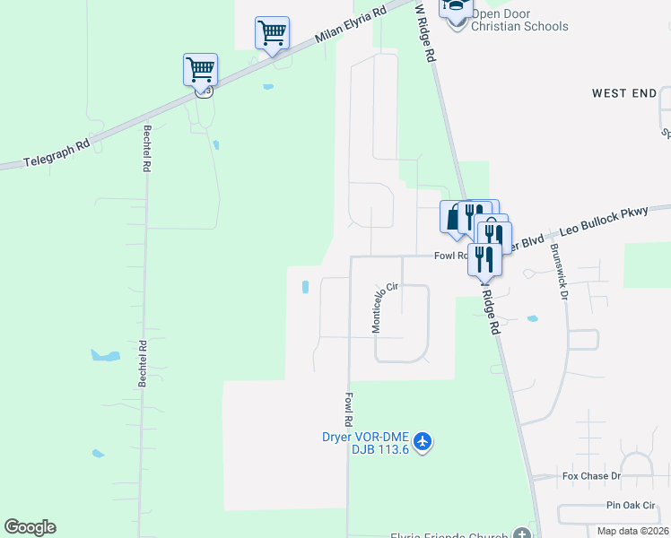 map of restaurants, bars, coffee shops, grocery stores, and more near 2107 Fowl Road in Elyria