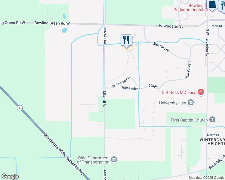 map of restaurants, bars, coffee shops, grocery stores, and more near 1648 Saint George Circle in Bowling Green