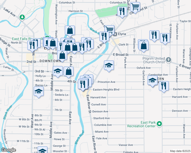 map of restaurants, bars, coffee shops, grocery stores, and more near 703 East River Street in Elyria