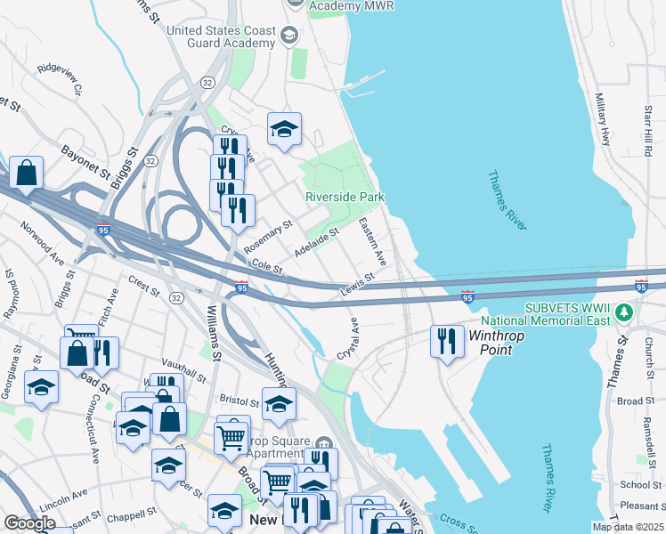 map of restaurants, bars, coffee shops, grocery stores, and more near 72 Central Avenue in New London