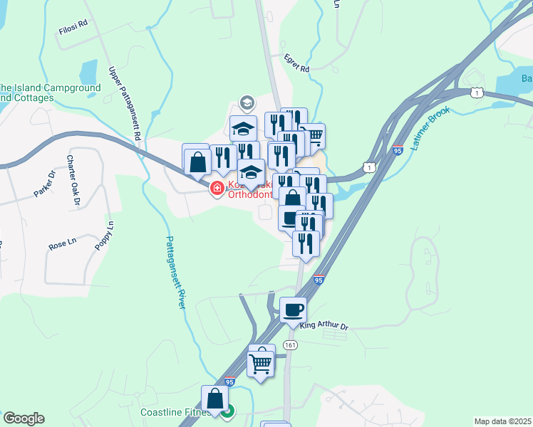 map of restaurants, bars, coffee shops, grocery stores, and more near 126 Boston Post Road in East Lyme