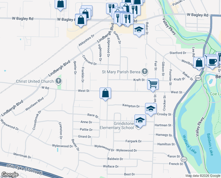 map of restaurants, bars, coffee shops, grocery stores, and more near 355 Kraft Street in Berea