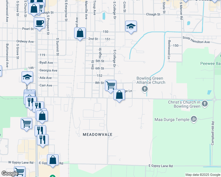 map of restaurants, bars, coffee shops, grocery stores, and more near 841 8th Street in Bowling Green