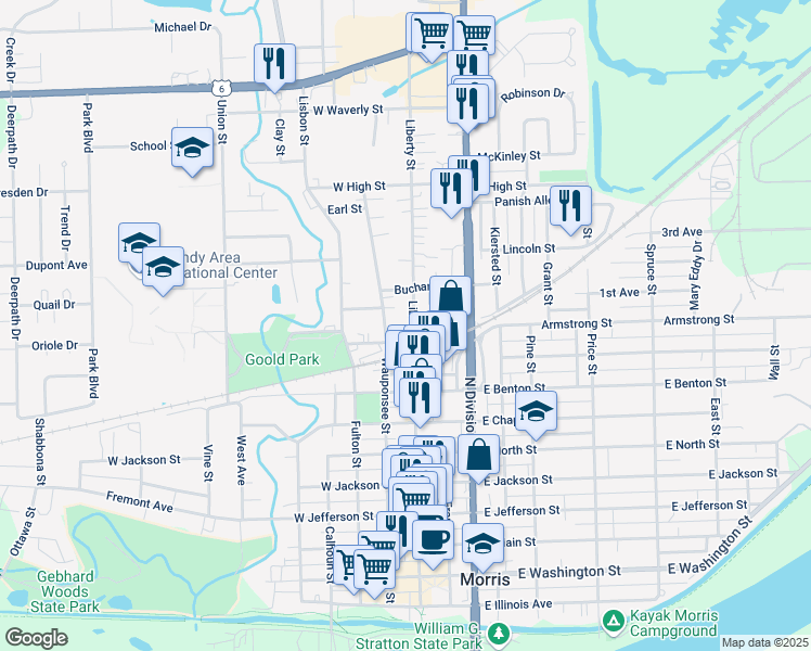 map of restaurants, bars, coffee shops, grocery stores, and more near 1019 Wauponsee Street in Morris