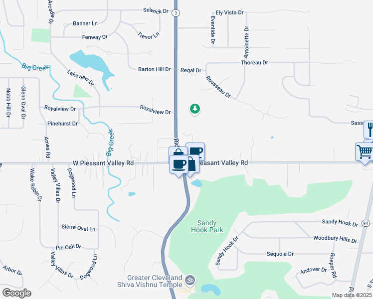 map of restaurants, bars, coffee shops, grocery stores, and more near 7377 Ridge Road in Parma