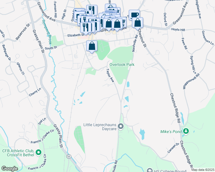 map of restaurants, bars, coffee shops, grocery stores, and more near 57 Taylor Avenue in Bethel