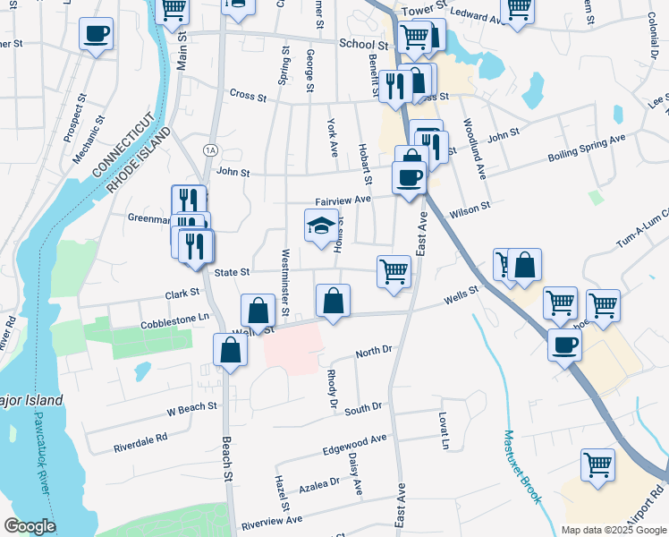 map of restaurants, bars, coffee shops, grocery stores, and more near 25 State Street in Westerly