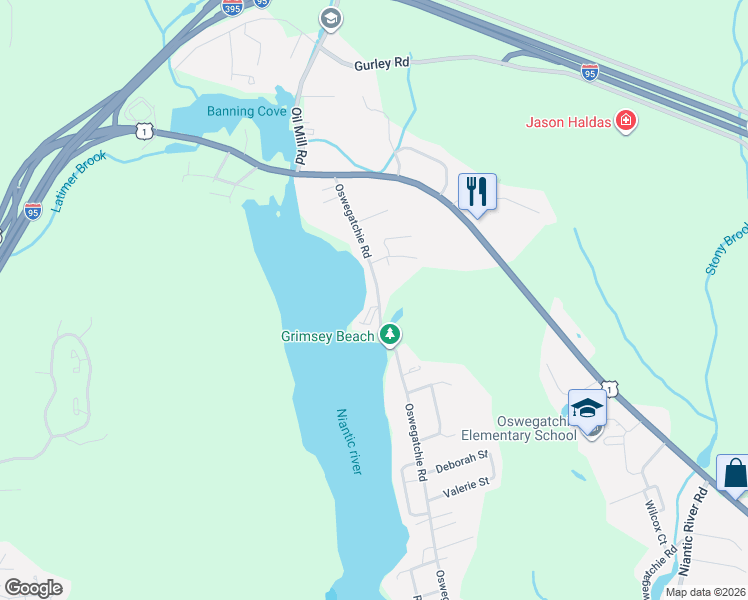 map of restaurants, bars, coffee shops, grocery stores, and more near 30 Oswegatchie Road in Waterford