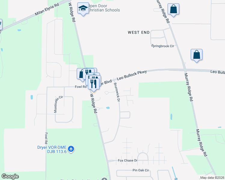 map of restaurants, bars, coffee shops, grocery stores, and more near 160 Ridge Circle Lane in Elyria