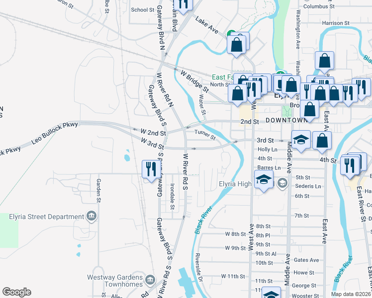 map of restaurants, bars, coffee shops, grocery stores, and more near 236 West River Road South in Elyria