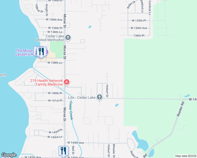 map of restaurants, bars, coffee shops, grocery stores, and more near 13917 Windsor St in Cedar Lake