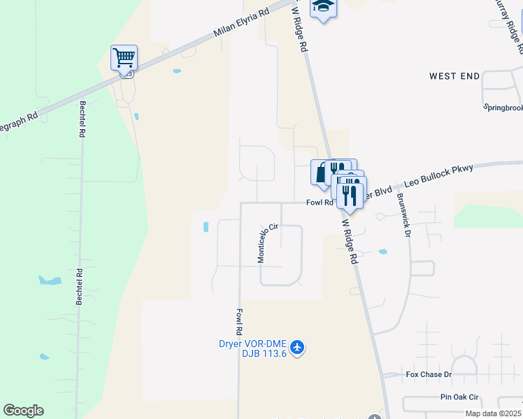 map of restaurants, bars, coffee shops, grocery stores, and more near 1952 Fowl Road in Elyria