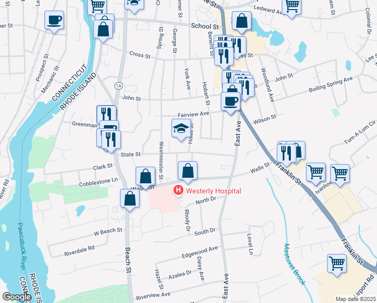 map of restaurants, bars, coffee shops, grocery stores, and more near 20 Hollis Street in Westerly